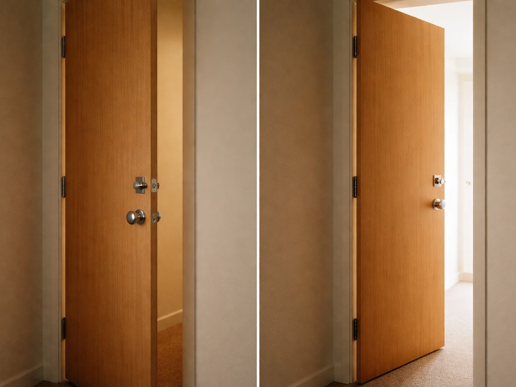 Split scene showing a closed locked door on the left and an open unlatched door on the right, released feel.