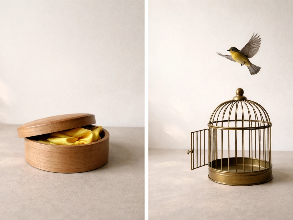 Left: secret container accidentally opened; right: birdcage door open with a bird flying out.