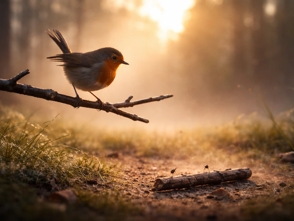 Bird perched at dawn with a small twig “reward” ahead, symbolizing early timing and initiative.