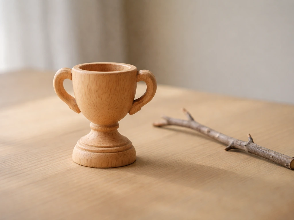 Close-up of a small carved wooden prize on a tabletop, symbolizing a figurative reward for the first mover.