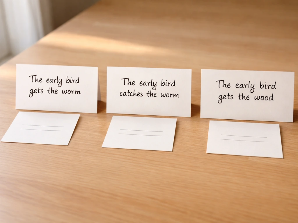 Three proverb variant cards side-by-side on a wooden desk in natural light.