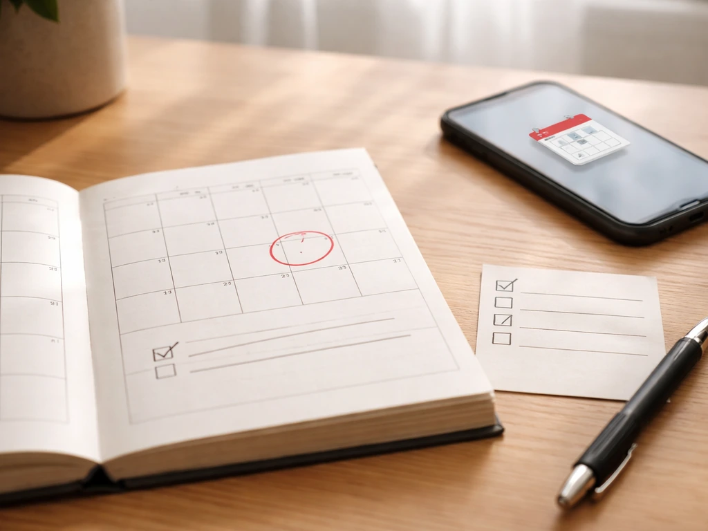 Close-up of a desk with an open calendar showing a near-term task, with a marked early-submission checklist.