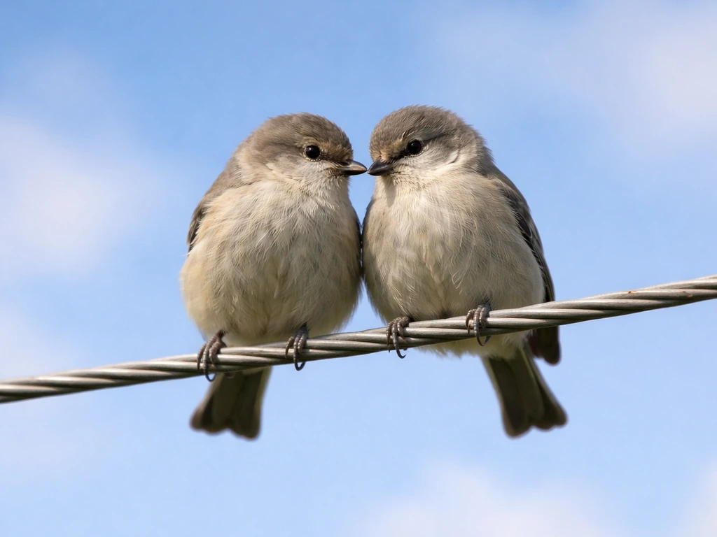 Two small birds perched side-by-side on a taut wire against a clear sky, symbolizing connection and balance.