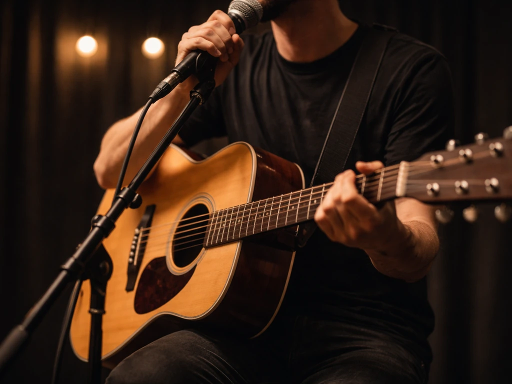 Anonymous singer-songwriter performing with an acoustic guitar into a microphone on a small dark stage