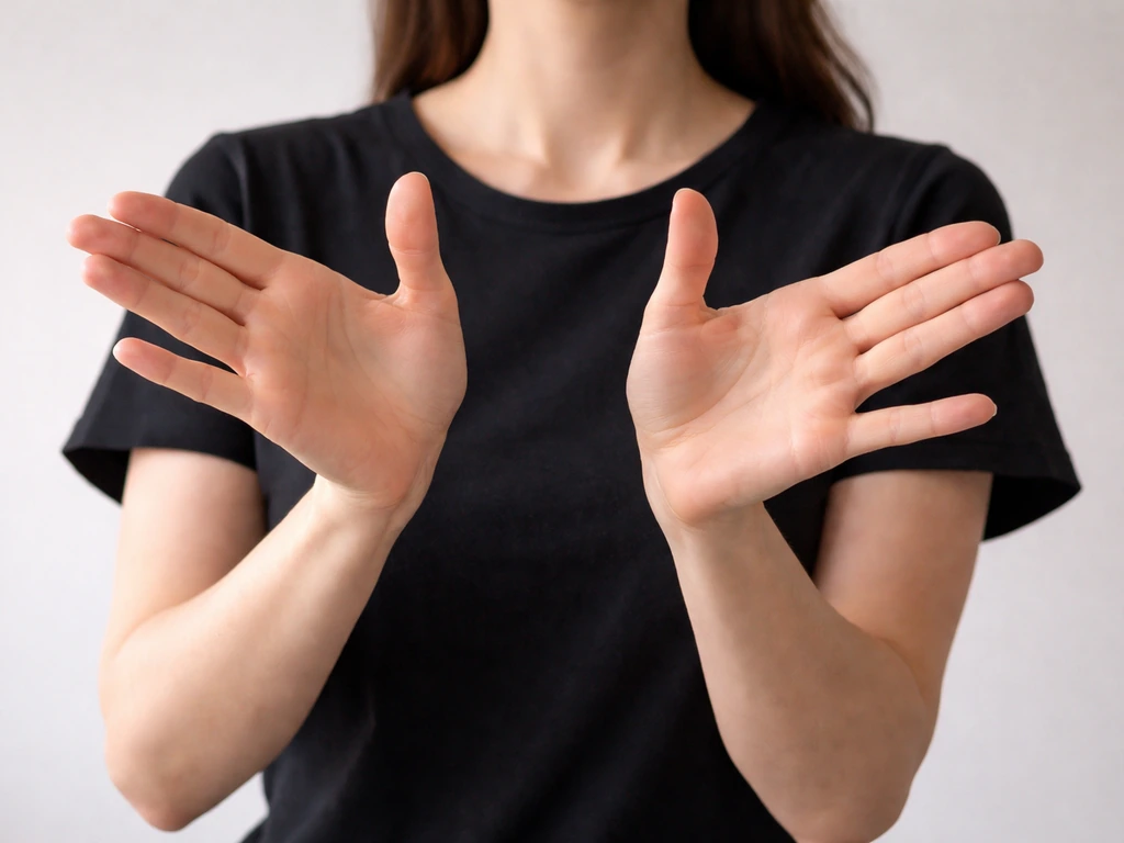 Close-up of a person signing ASL lyrics with expressive handshapes against a plain studio background