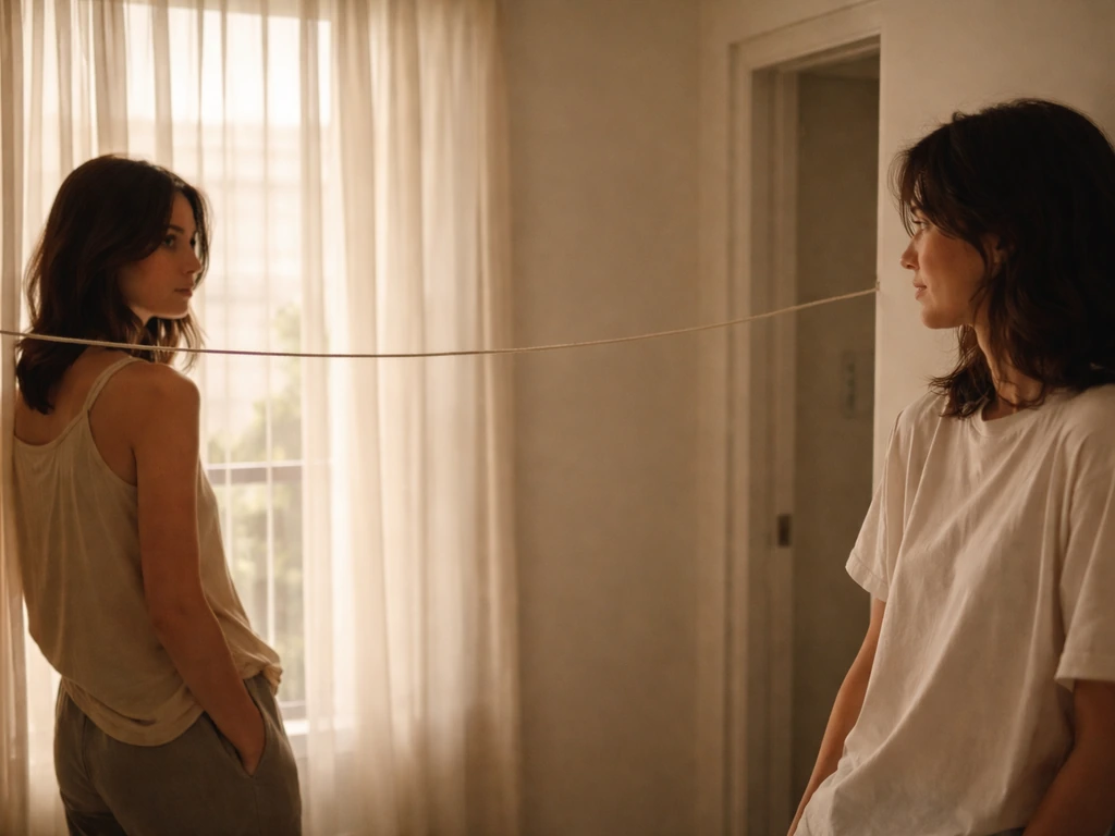 Two people in a cozy room connected by a thin cord between points, suggesting closeness and togetherness.