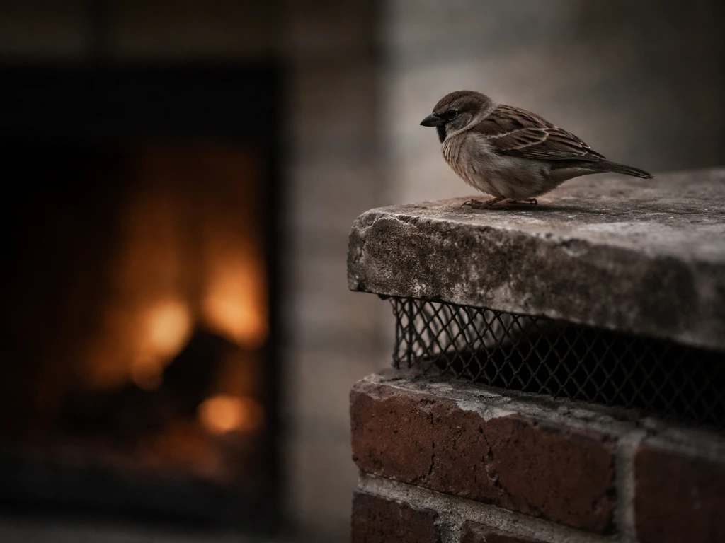Brown bird perched near a brick chimney opening, suggesting a sudden bird-down-the-chimney moment.