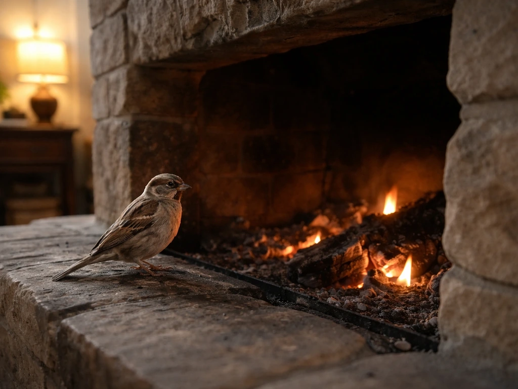 Small bird perched near an open fireplace and chimney opening with warm embers glowing.