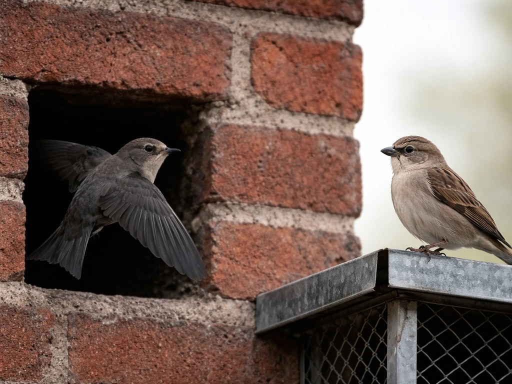 Chimney swift and a small sparrow-like bird near a brick chimney opening, close-up natural setting