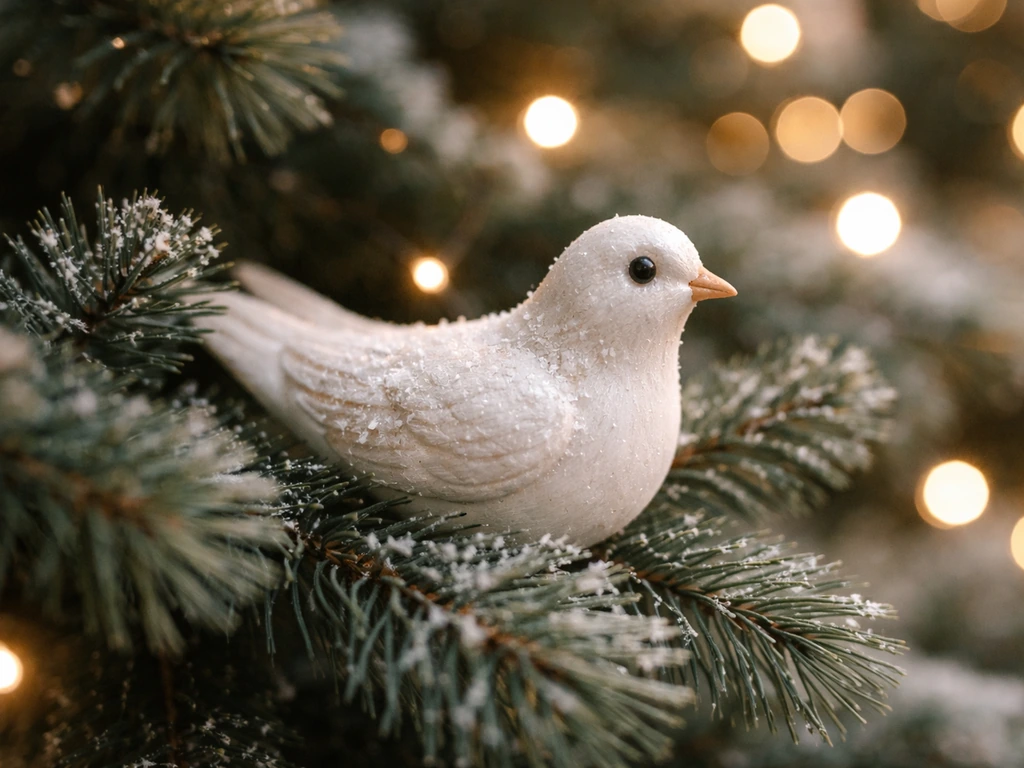 Close-up of a dove-shaped ornament on a Christmas tree with soft winter lights and bokeh behind it.