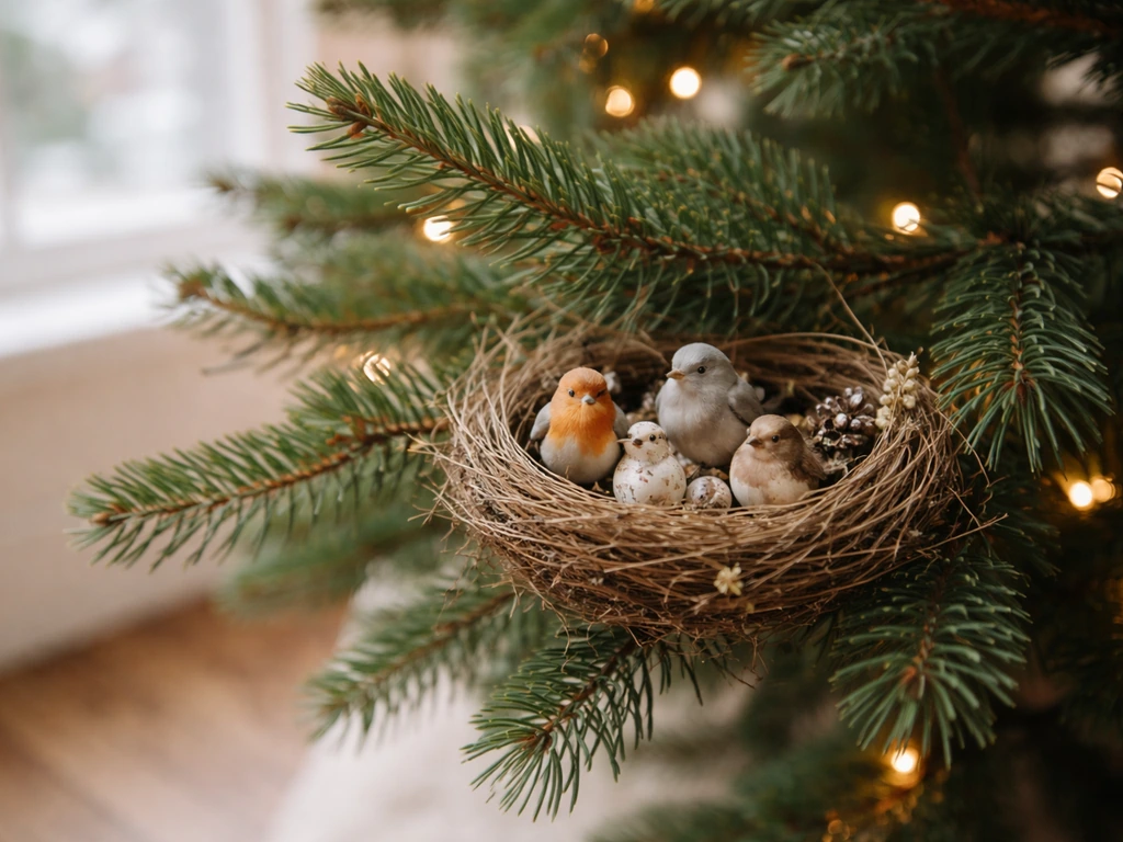 Small bird-and-nest ornament nestled on a minimalist Christmas tree, evoking German folklore and prosperity.