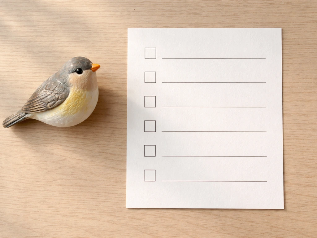 Close-up flat lay of a bird ornament beside a printed checklist card with empty tick boxes.