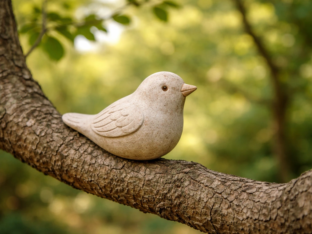 Close-up of a plain generic bird ornament perched on a tree branch in natural dappled light.
