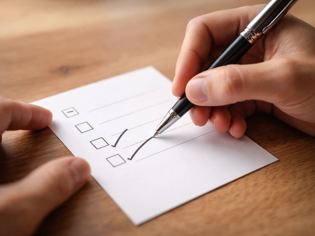 Hands checking an anonymous checklist with one pen stroke marking two items on separate lines.