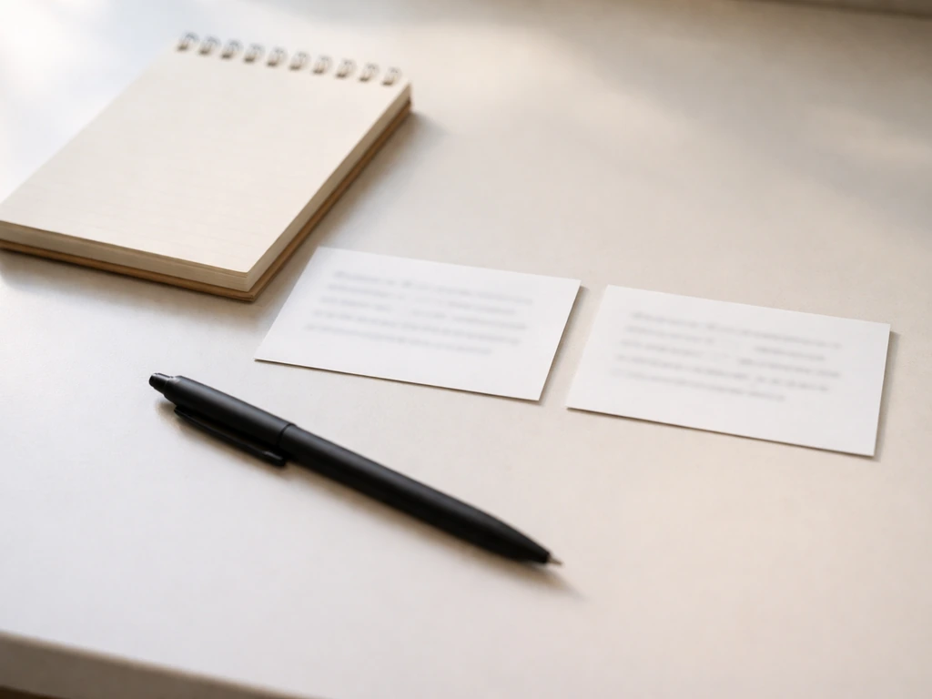 Minimal desk scene with two blank index cards and a pen, symbolizing alternative phrasings and tones.