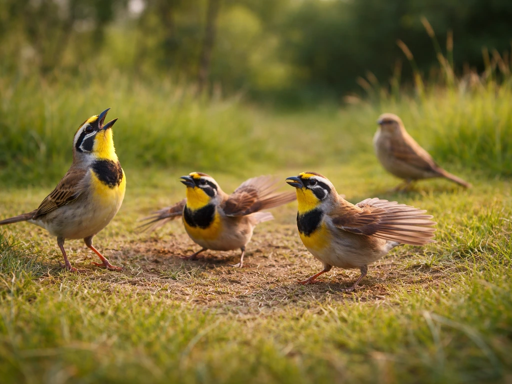 Small group of male songbirds displaying on a grassy patch while a female perches nearby