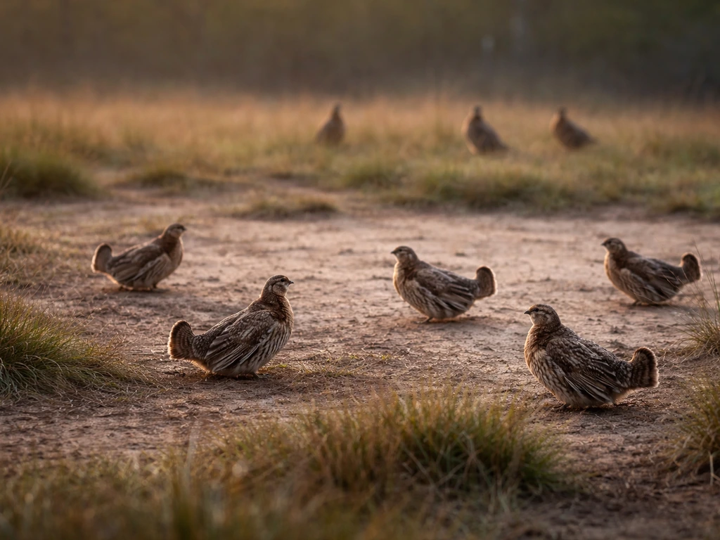 Several male birds in an open clearing displaying in a lek while females watch in the background.
