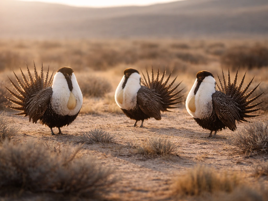 Greater sage-grouse lekking males strutting on open sagebrush ground at dawn