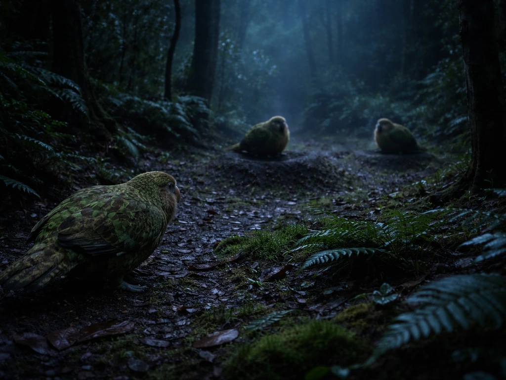 Night forest lek scene with spaced male kākāpō calling as a female approaches
