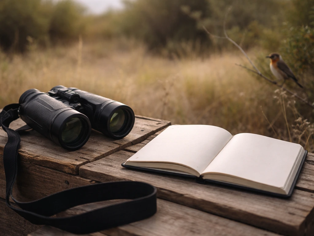 Close-up of binoculars and a field notebook beside a small birdwatching hide with scrubland habitat