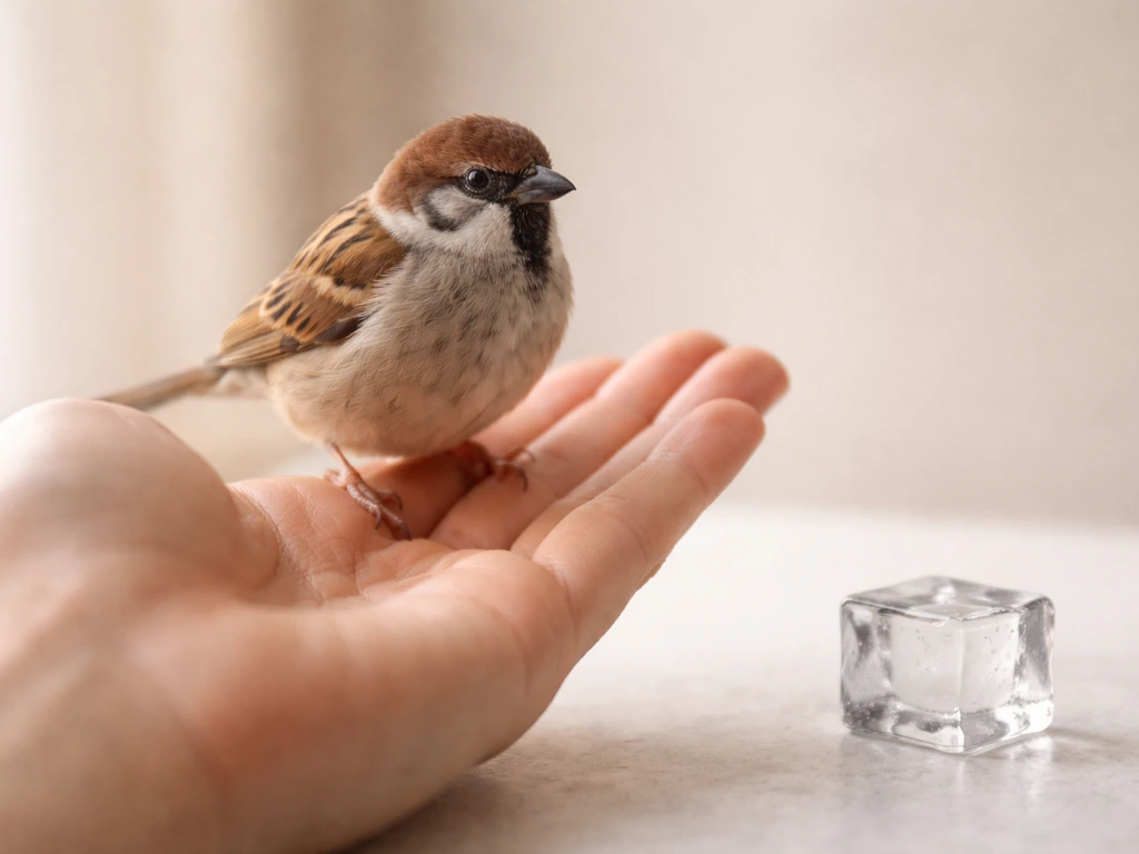 Small bird perched on an open hand with a separate ice cube nearby
