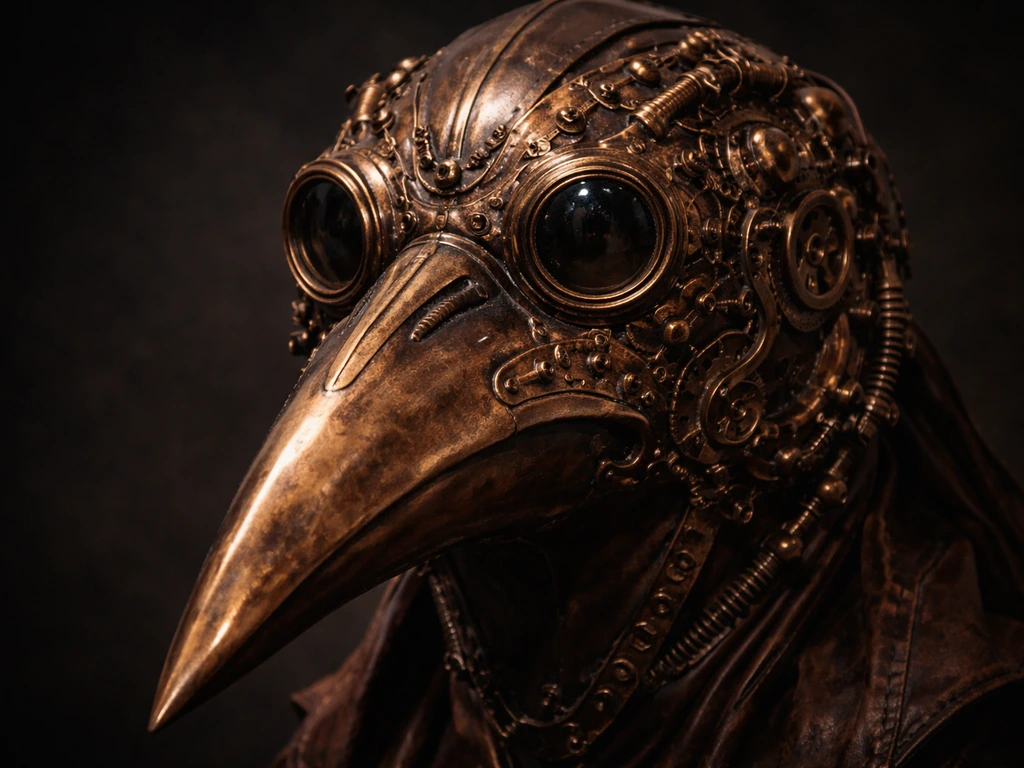 Dramatic steampunk bird mask with long beak and brass clockwork details on a dark background.