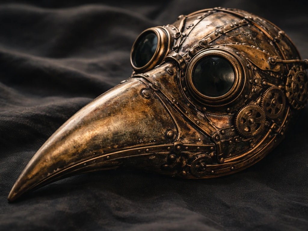 Close-up of a steampunk bird mask with a plague-doctor beak and brass clockwork details.