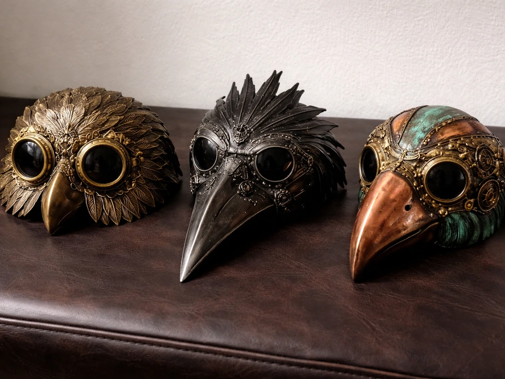 Three steampunk bird masks—owl, raven/crow, and parrot—resting on dark leather against a plain background.