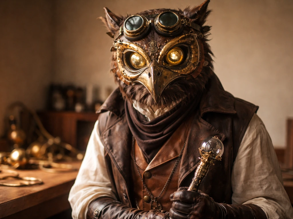 An owl steampunk mask on a costumed inventor character in a softly lit workshop with brass props.