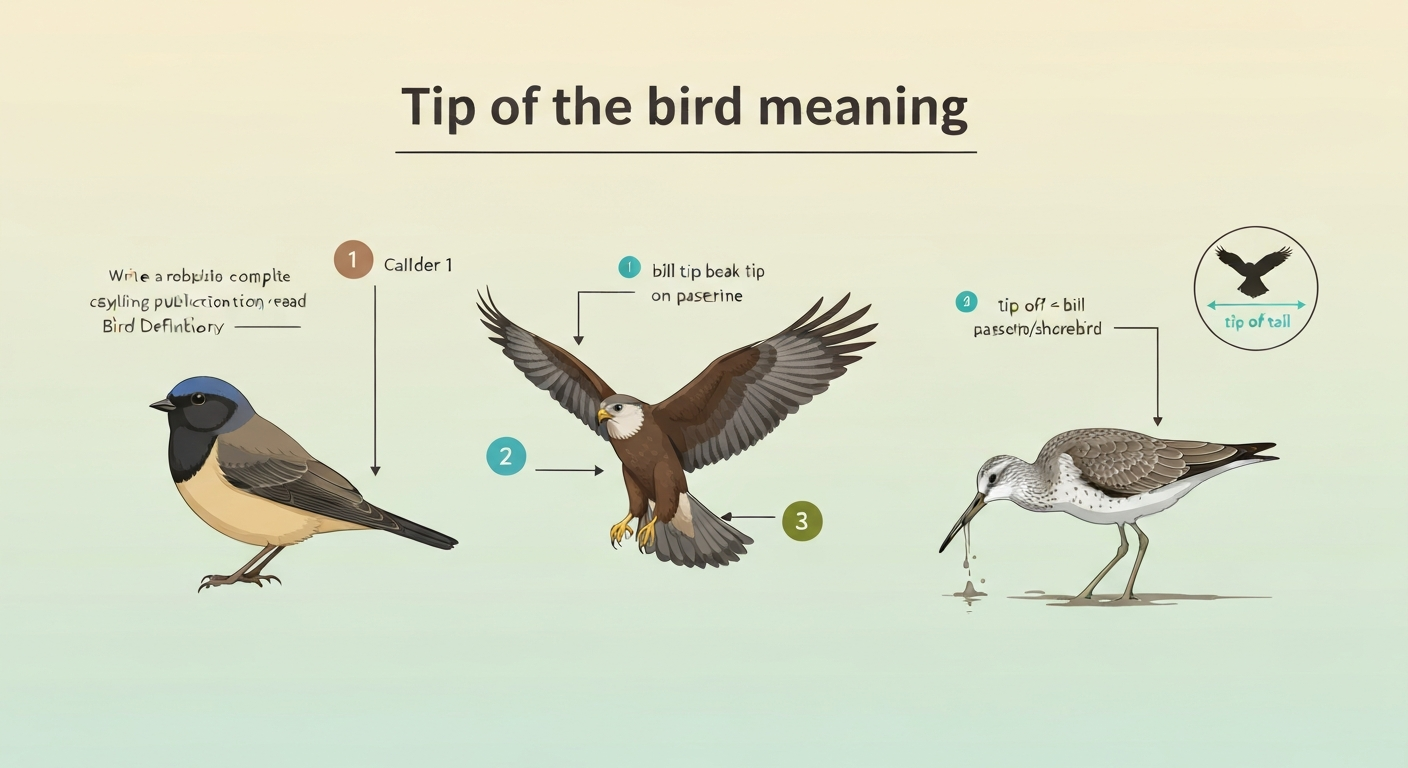 Banner infographic with three birds and numbered callouts highlighting bill tip, wingtip, and tail tip; small inset showing measurement from bill tip to tail tip.