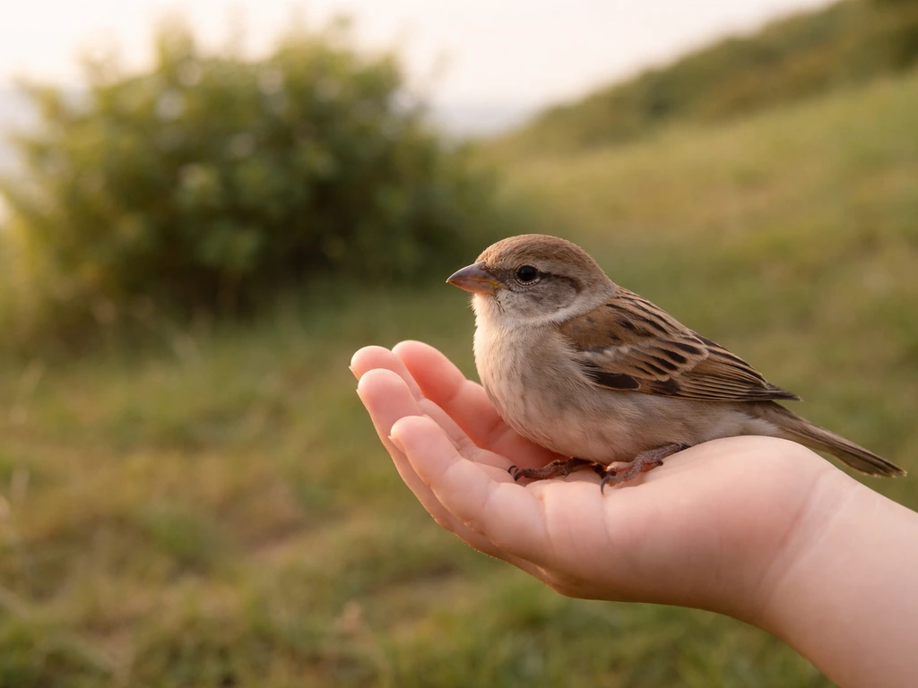 Small hand gently holding a real bird, with a distant bush suggesting an uncertain “two in the bush” choice.