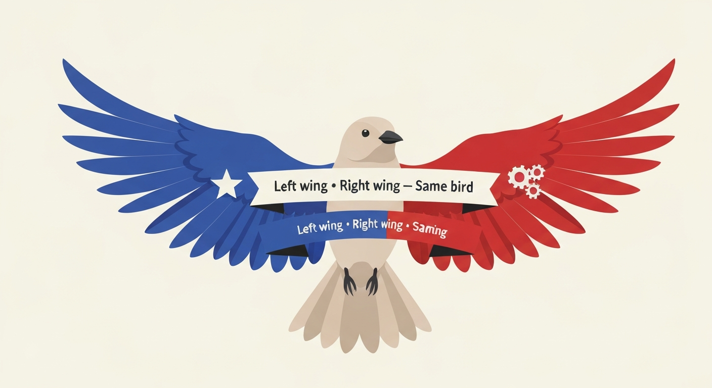 Stylized vector bird with blue left wing and red right wing attached to the same body, caption: 'Left wing • Right wing — Same bird'.