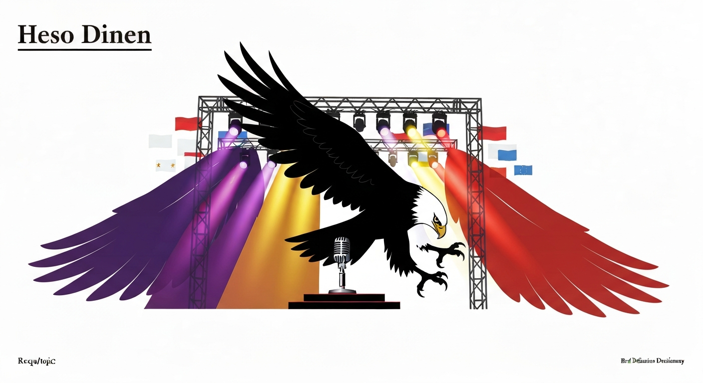 Stylized illustration of a bird-of-prey silhouette merged with Eurovision stage elements—spotlights, wings and a microphone—symbolizing the metaphorical meanings of raptor imagery in songs.