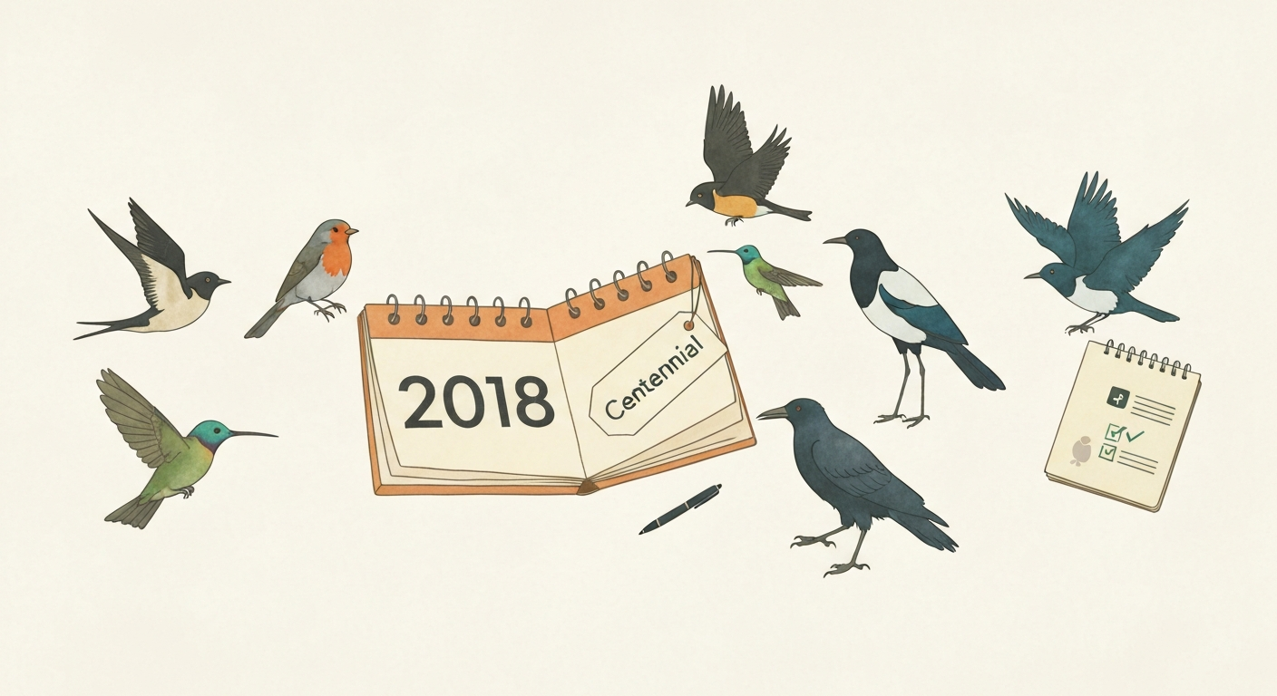 Stylized collage of a calendar marked '2018 Centennial', bird silhouettes, a notebook checklist and binoculars representing the Year of the Bird conservation campaign.