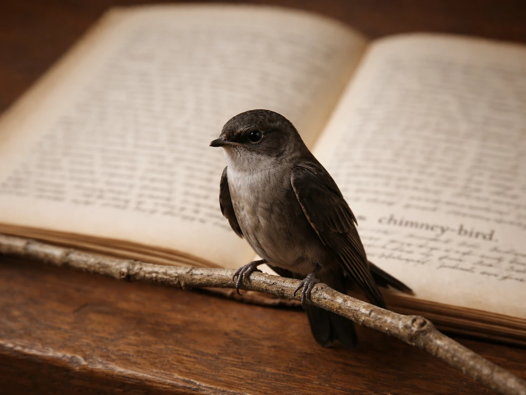 Chimney Swift perched with an open old ornithology book page behind it showing “chimney-bird”.