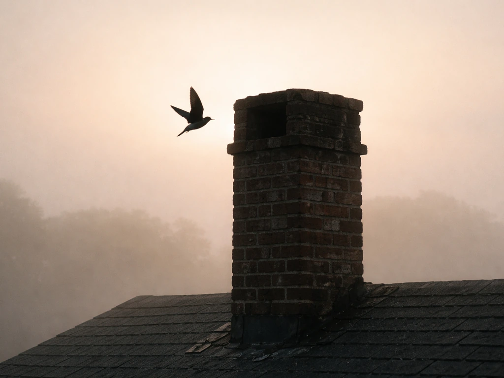 Chimney swift silhouetted near a brick chimney at dawn with a quiet, minimal rooftop background.