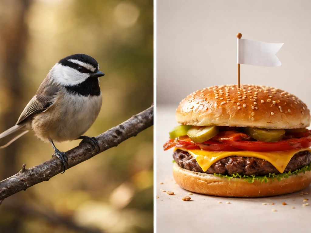 Mountain chickadee on a branch split with a cheeseburger on a plain surface, no text