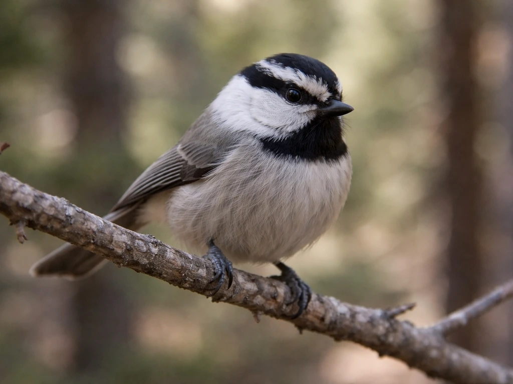 Small gray-and-white chickadee perched on a tree branch in soft woodland light.
