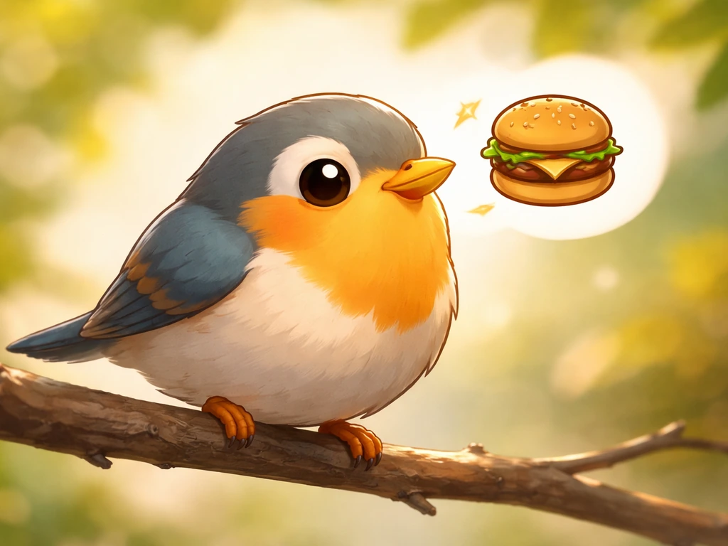 Cartoon bird perched on a branch with a floating cheeseburger icon near its beak.