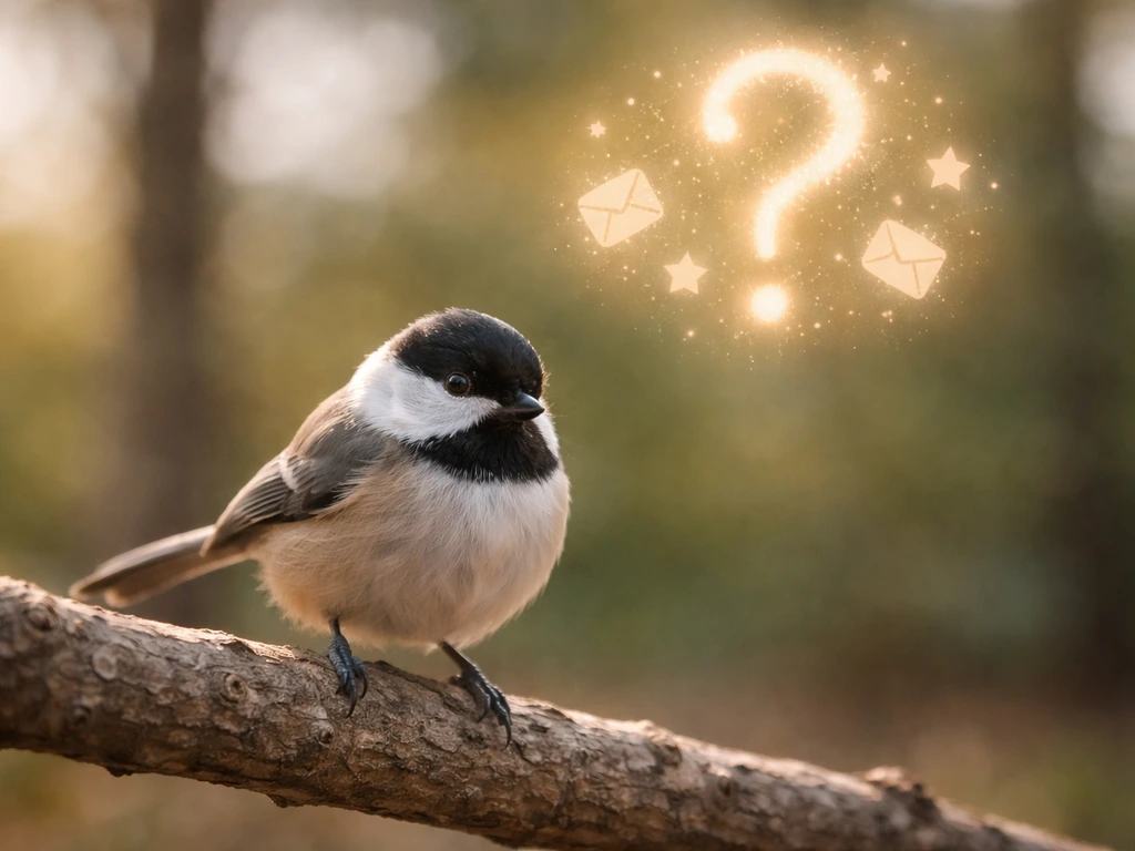 A small chickadee perched on a branch beside a simple question-mark style shadow symbol