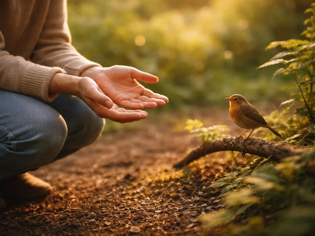Person gently reaching bare hands toward a small bird perched nearby in a calm, natural setting