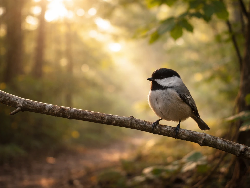 A small bird perched on a branch at a forest edge in early morning light.
