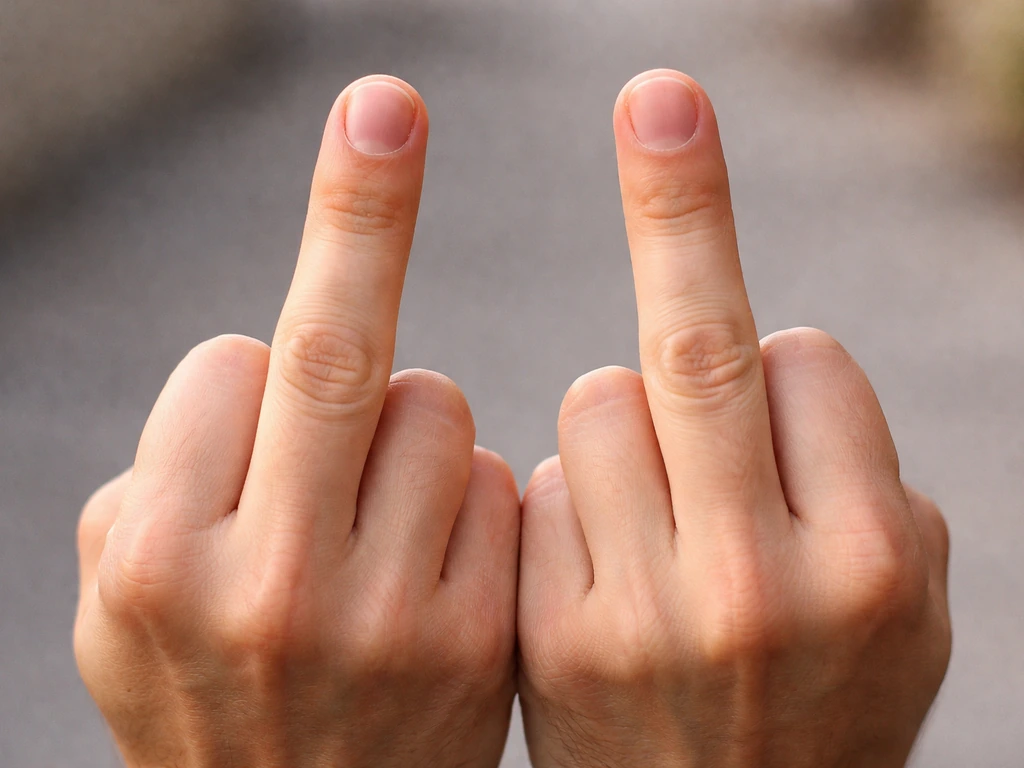 Close-up of two middle fingers raised side-by-side conveying the “double bird” gesture meaning.