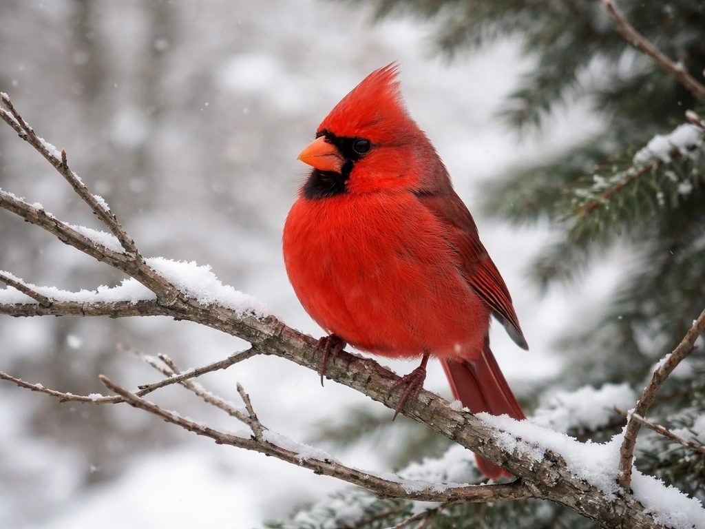 Close-up of a male Northern Cardinal perched in winter branches, festive holiday mood.