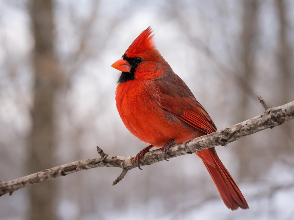 Male Northern Cardinal in side profile with red crest and black facial mask on a bare branch.