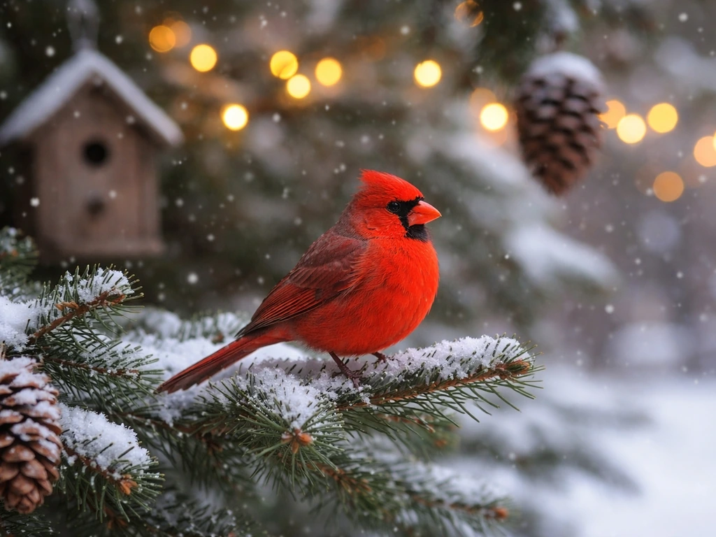 A red Northern Cardinal perched on a snowy evergreen with softly blurred holiday lights behind
