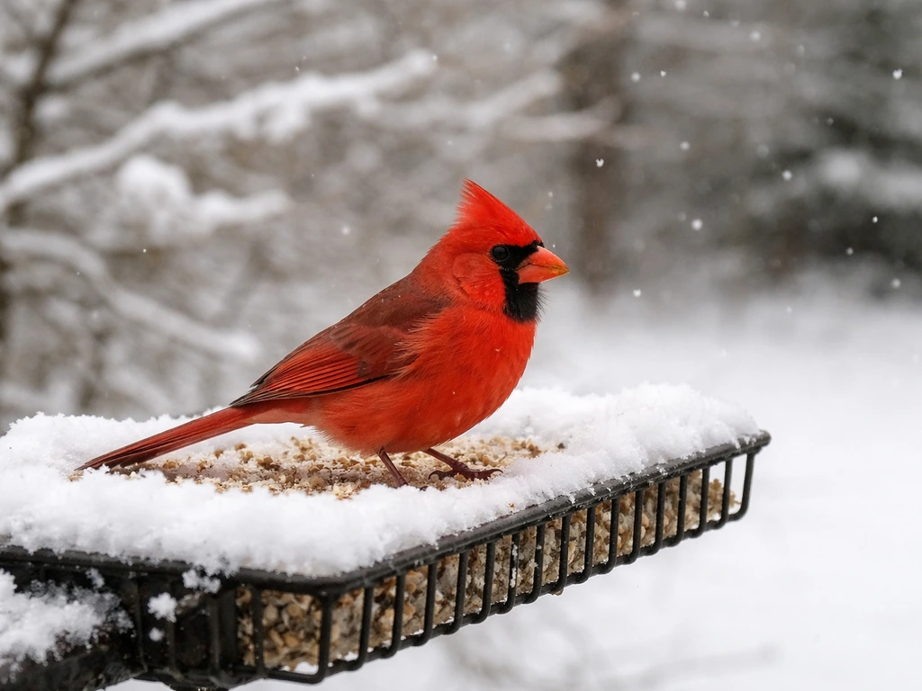 A Northern Cardinal on a snow-covered bird feeder during light snowfall in a quiet backyard.