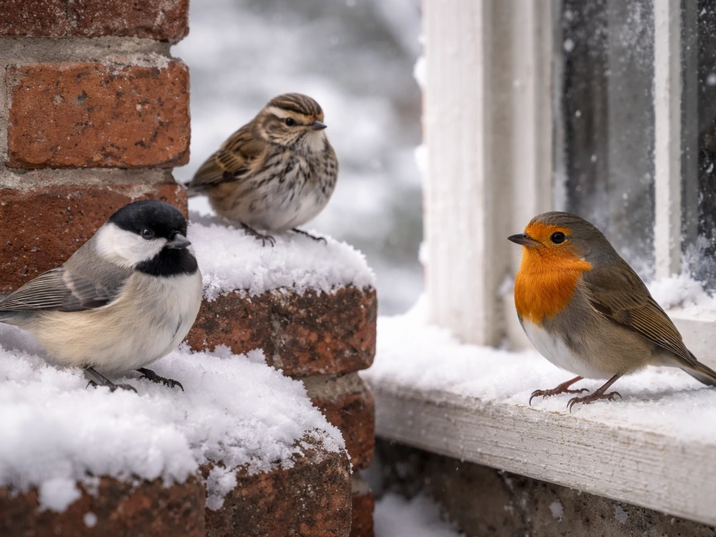 Three distinct winter birds perched by a chimney and snowy window, showing different species to avoid nickname confusion